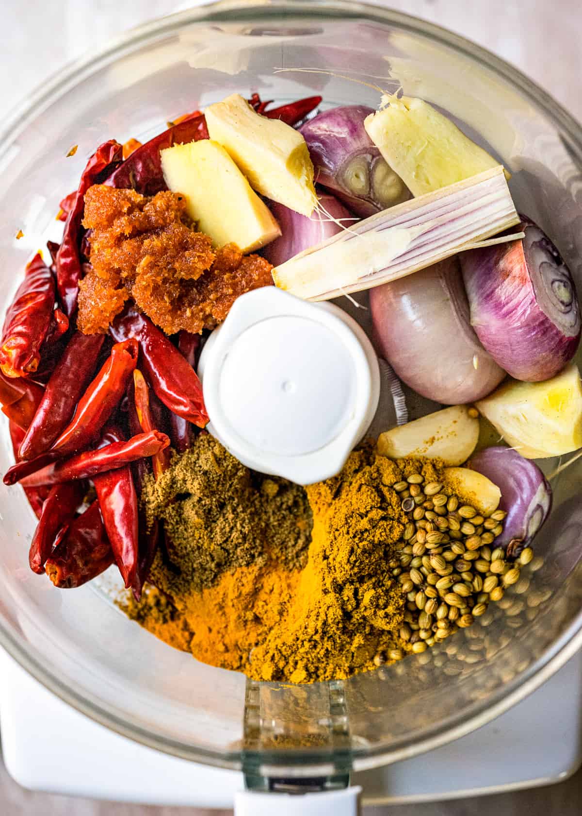 ingredients for Thai Yellow Curry Paste in a food processor