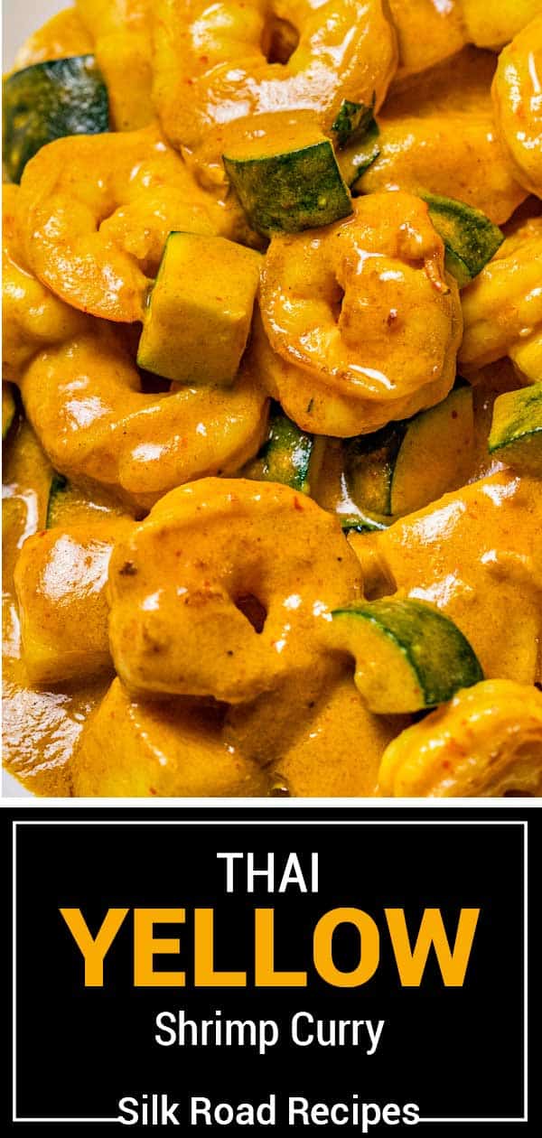 overhead view of titled image, thai yellow shrimp curry