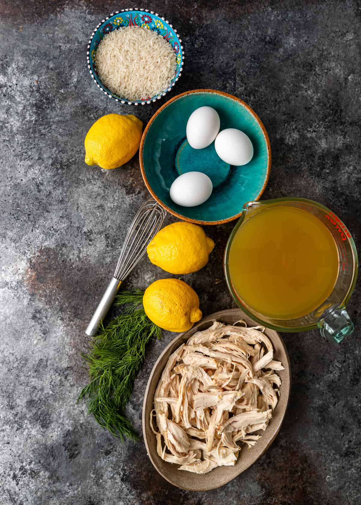 overhead: ingredients to make Greek lemon chicken soup