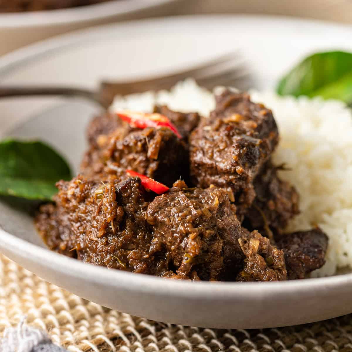 Beef Rendang Curry on a plate with rice