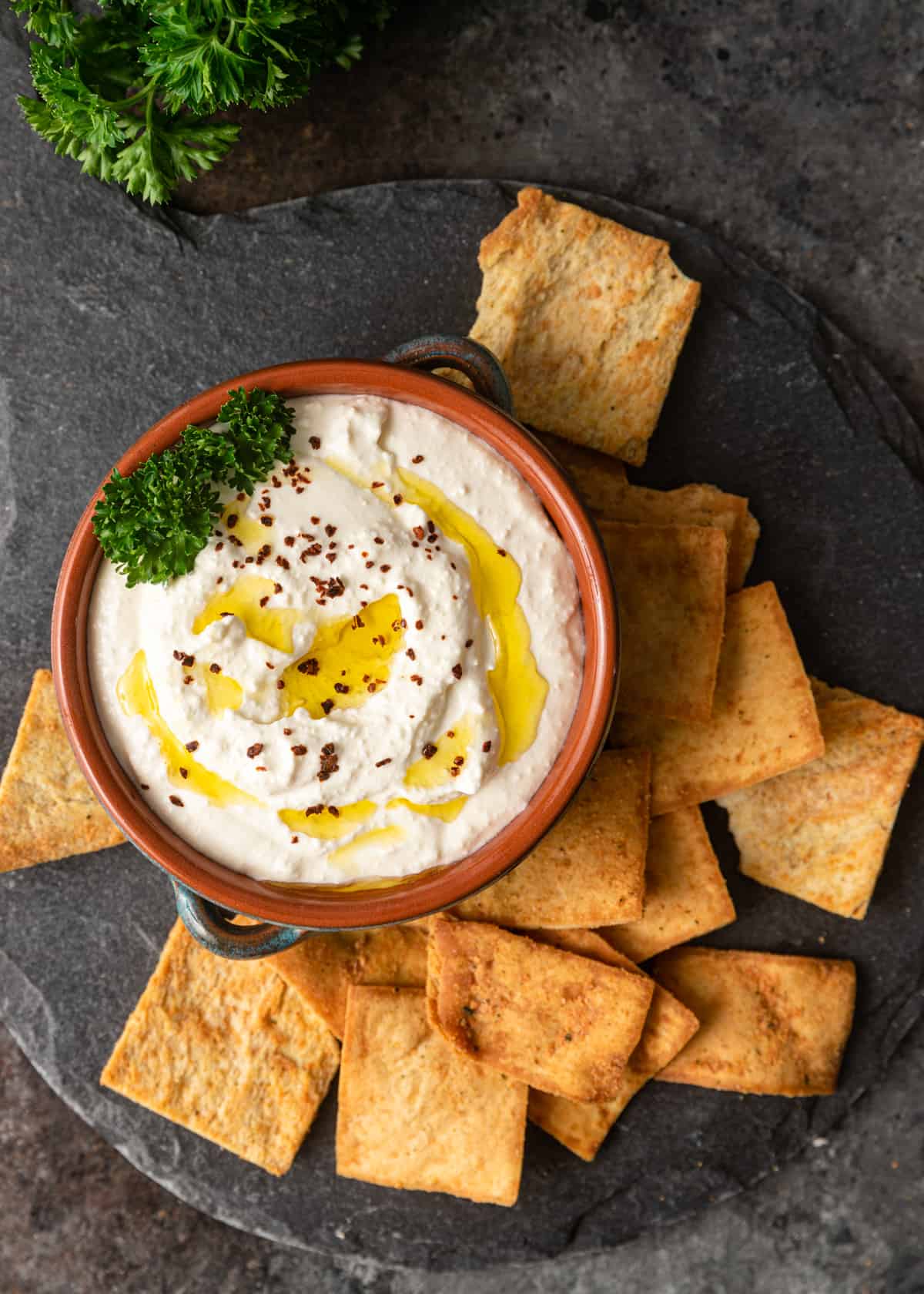 overhead shot of Whipped Feta Dip with pita chips