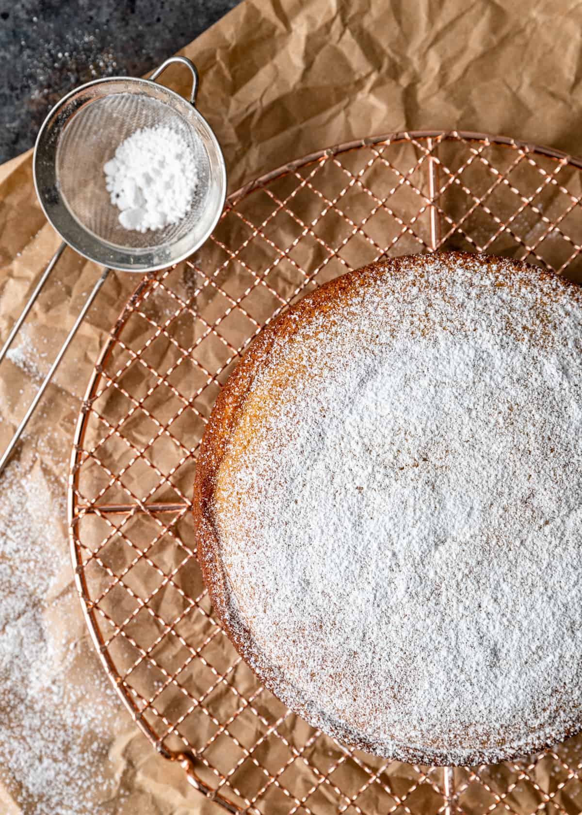 cake with powdered sugar on top