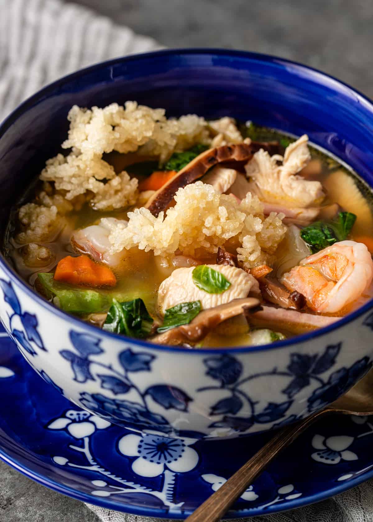 Sizzling Rice Soup with mushrooms, shrimp and other ingredients