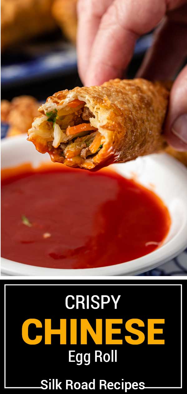dipping crispy Chinese egg roll into sauce