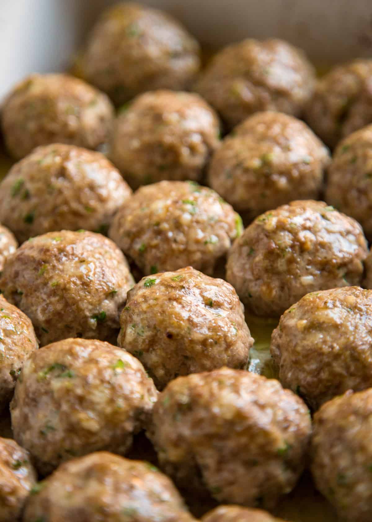 closeup: roasted Italian meatballs without sauce