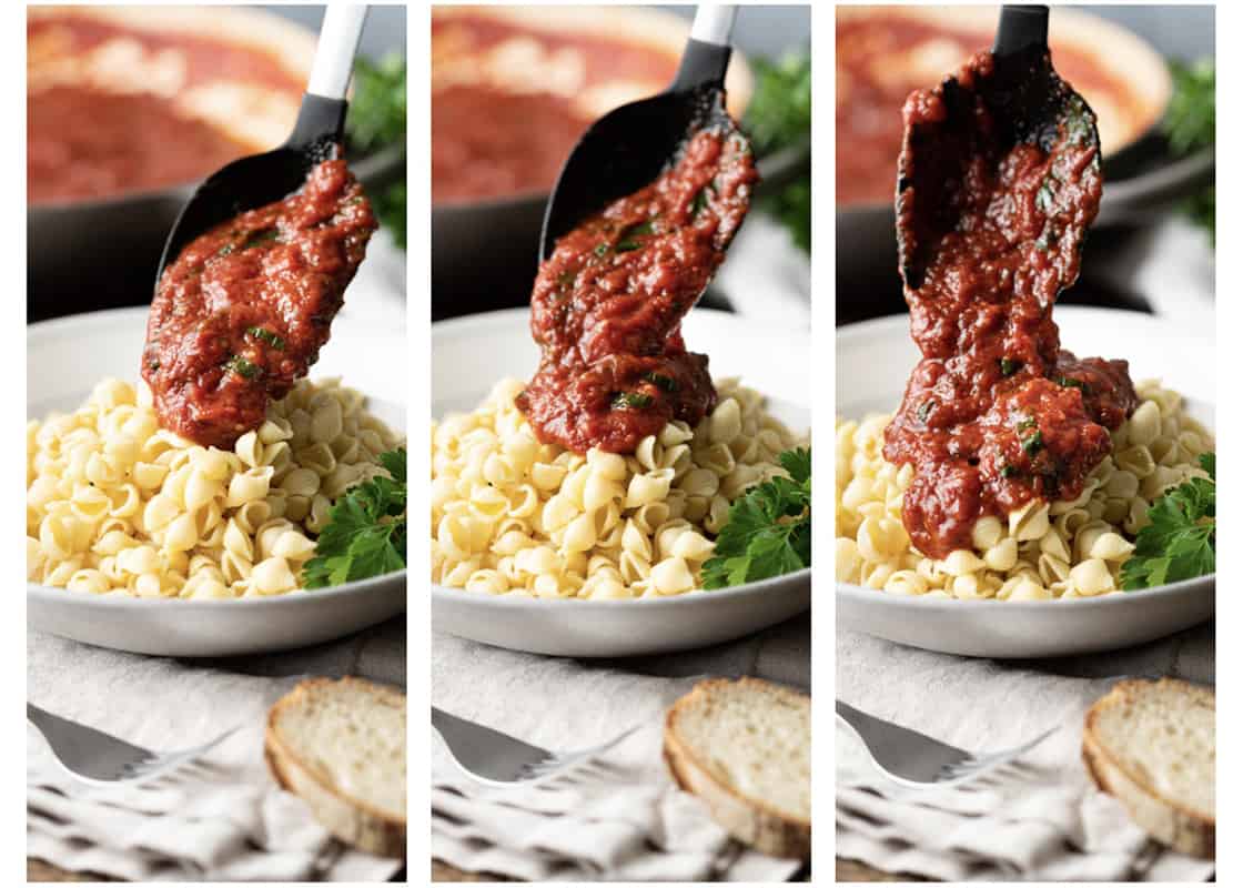3 images showing a large serving spoon adding marinara on top of shell pasta