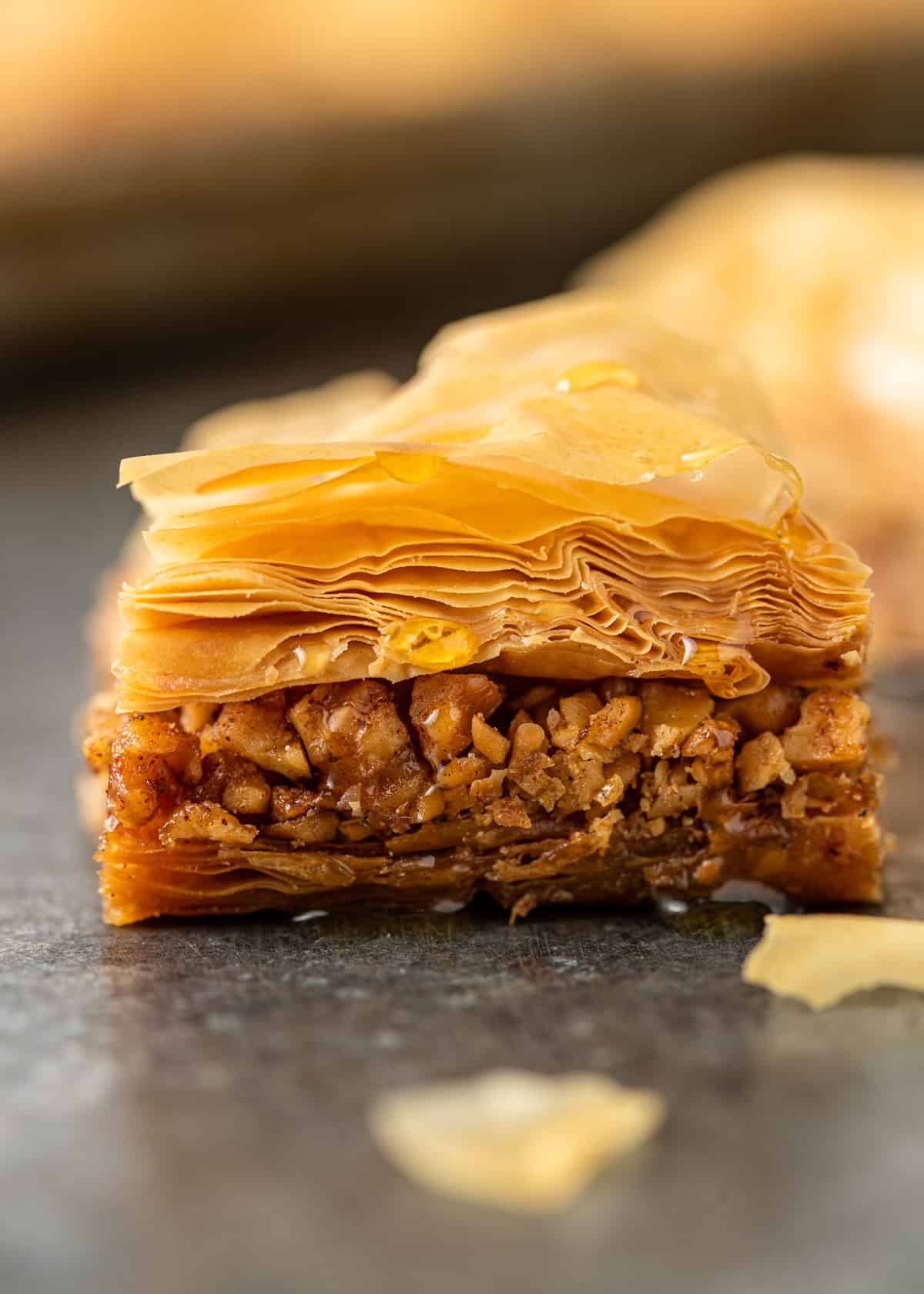 close up of nutty Greek baklava with layers visible