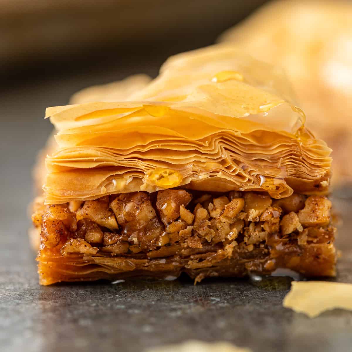 close up view of the layers of Greek baklava