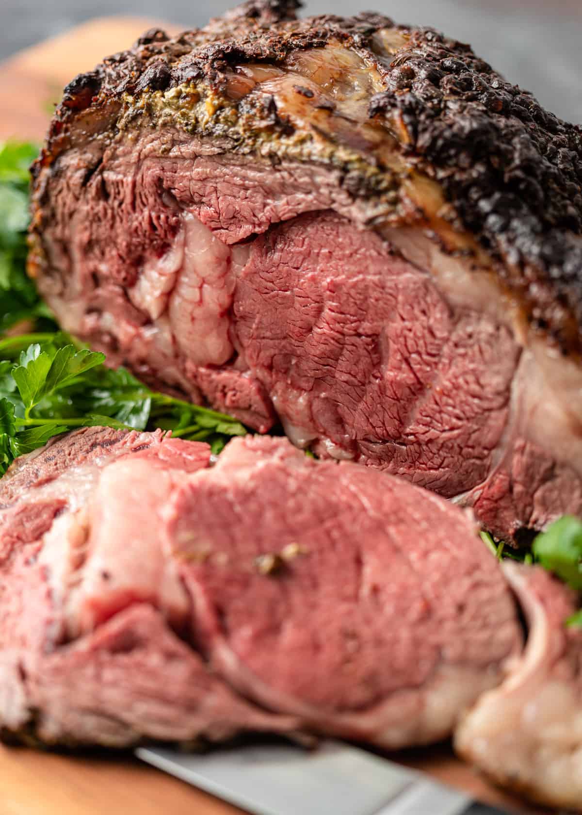 extreme closeup: sliced prime rib with the juicy interior showing