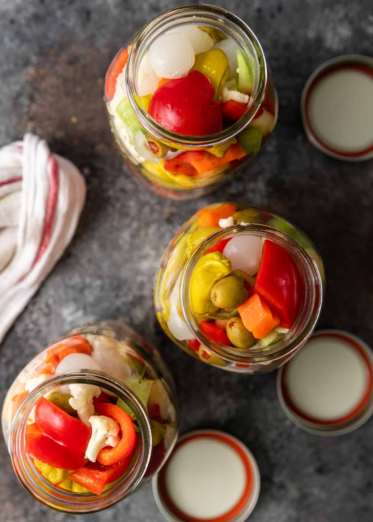 overhead: jars with vegetables before they are pickled