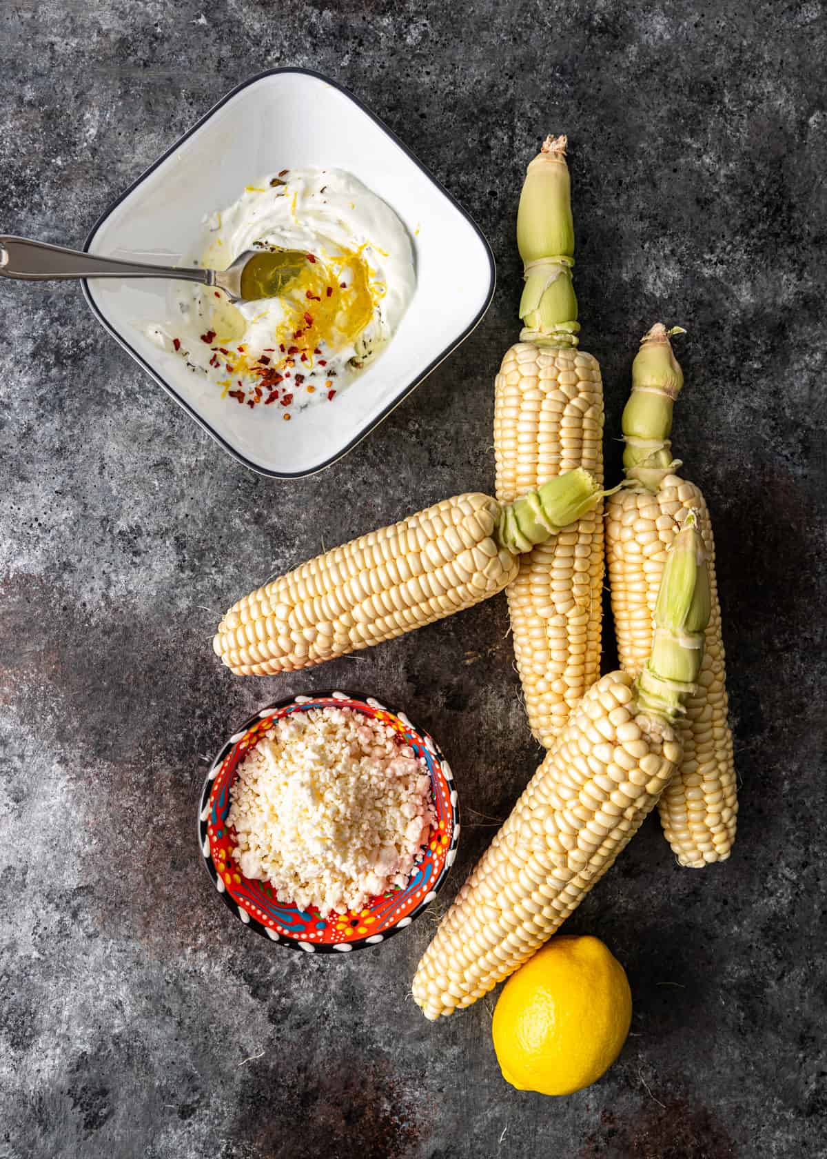 overhead: Mediterranean street corn ingredients