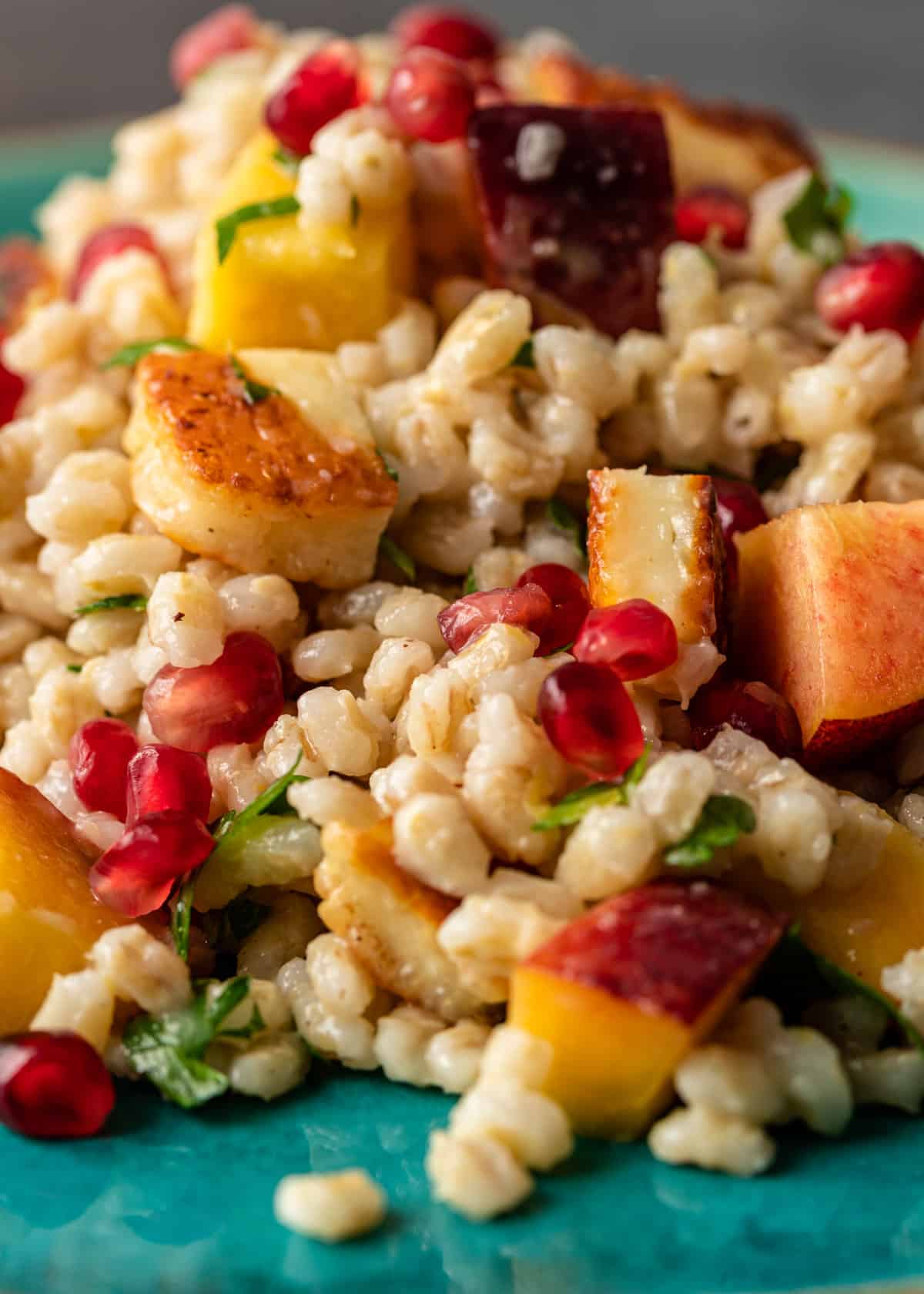 extreme closeup: peach and barley salad with pomegranate and fresh herbs