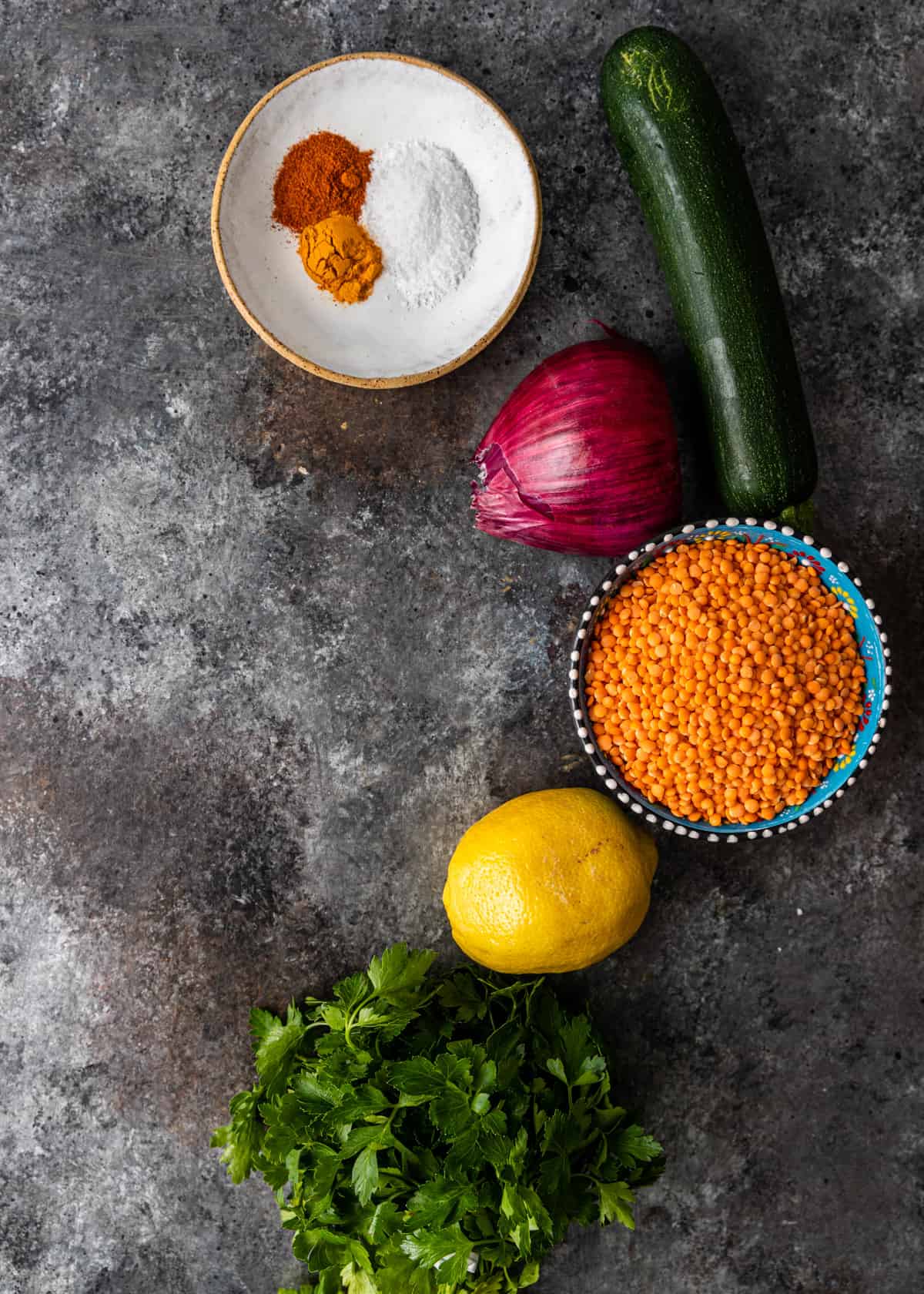 overhead: zucchini lentil fritters ingredients