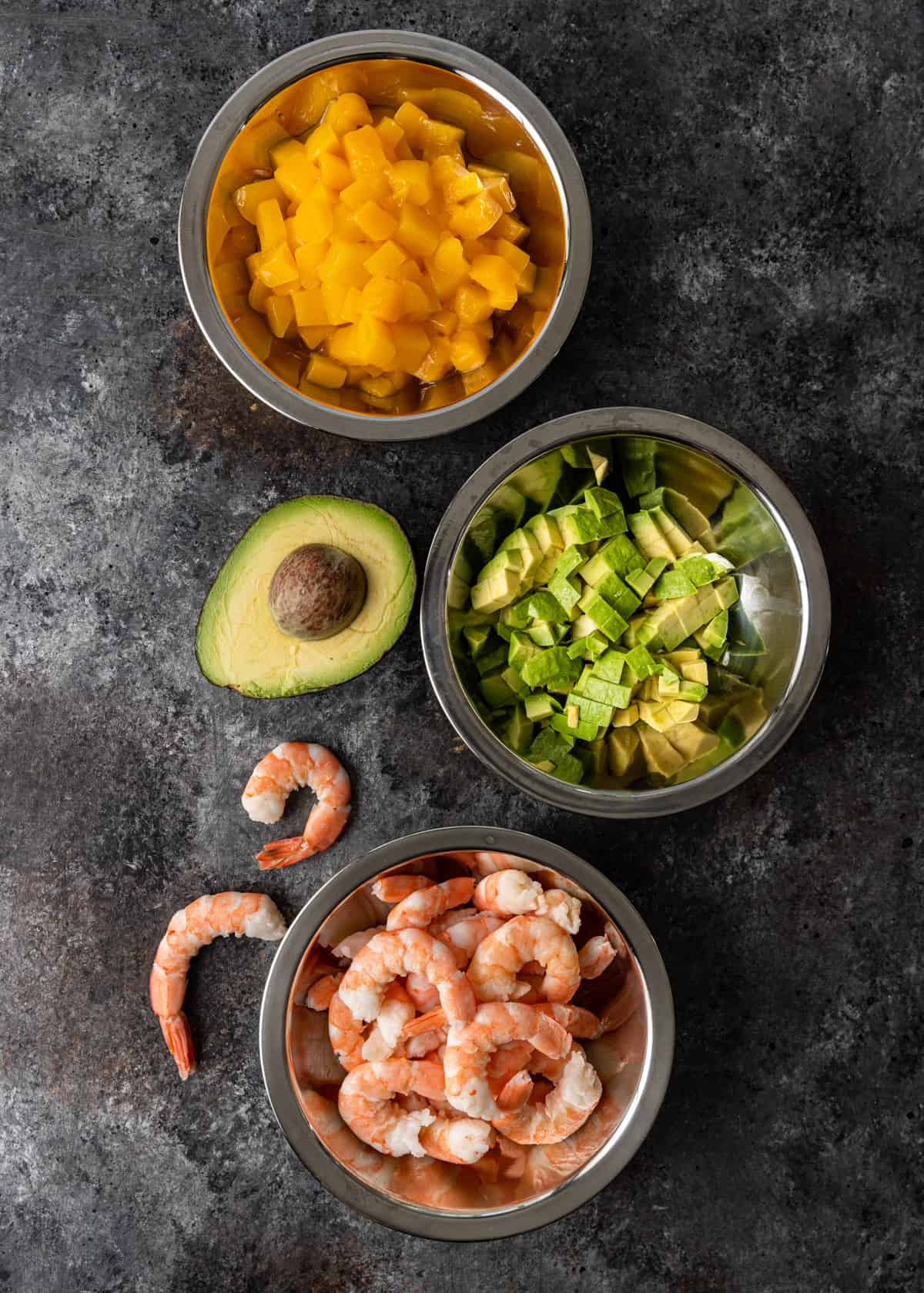 overhead: ingredients needed for shrimp sushi stacks