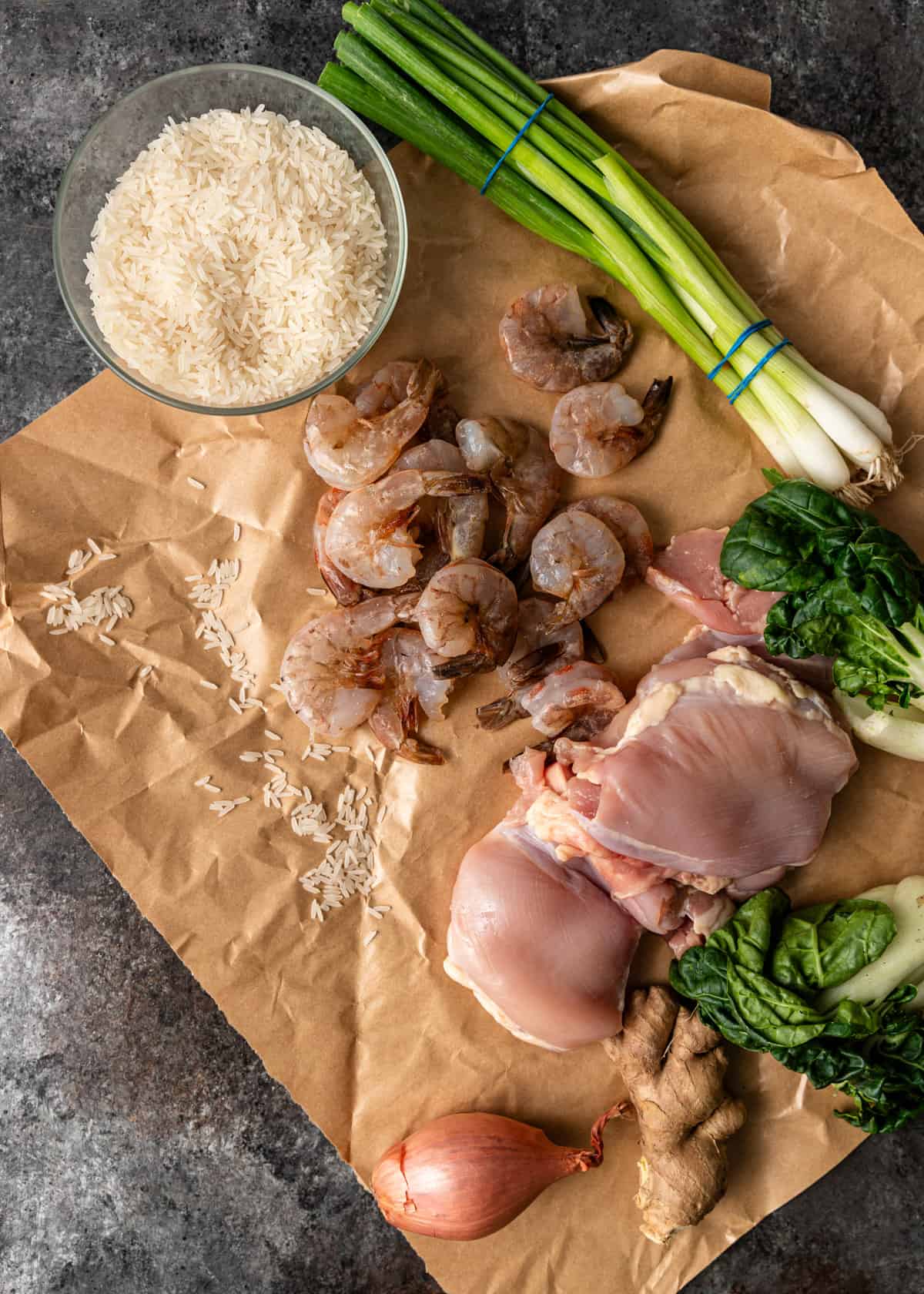 overhead: ingredients needed for chicken congee
