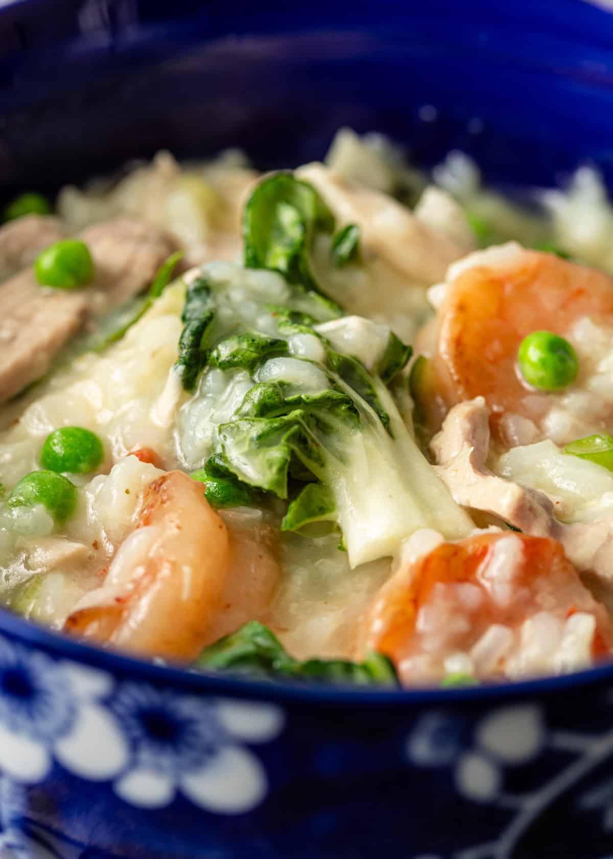 closeup: congee recipe with shrimp and boy choy