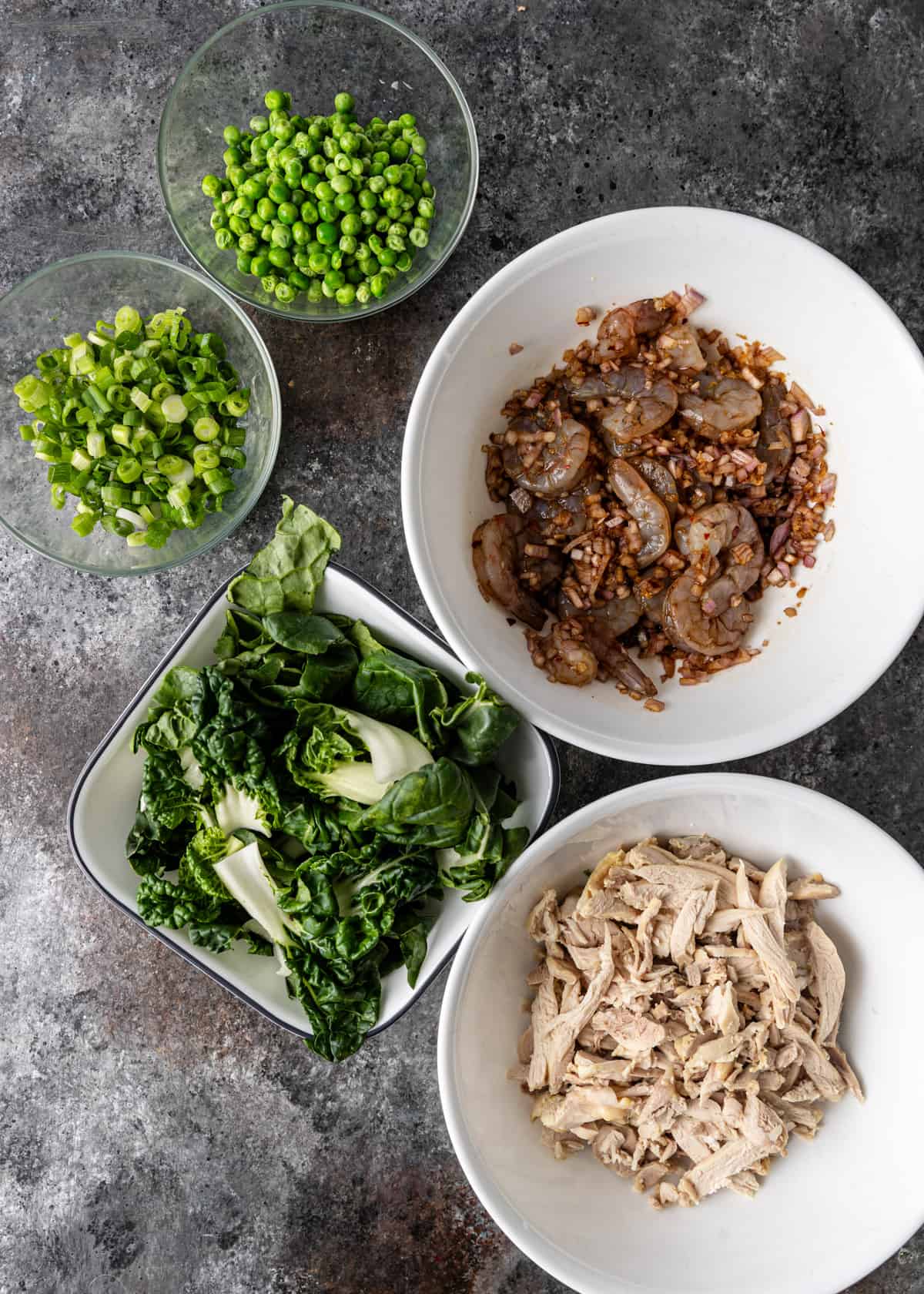 overhead: prepared ingredients for congee