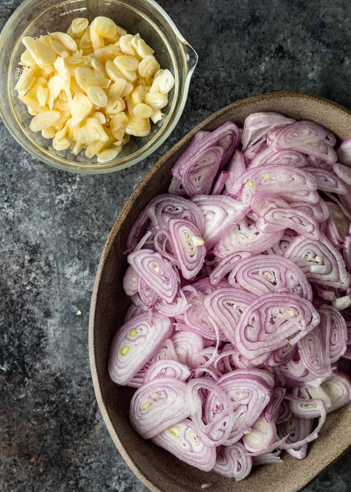 overhead: shallots and garlic needed for chili crisp recipe