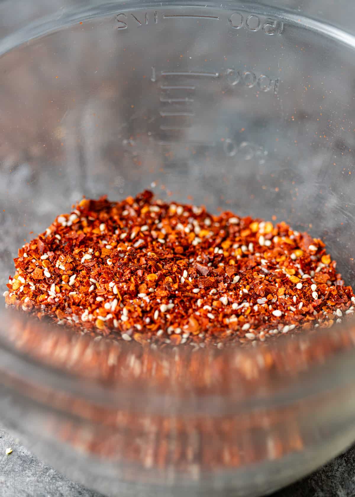 closeup: seasonings for spicy chili crisp in a bowl