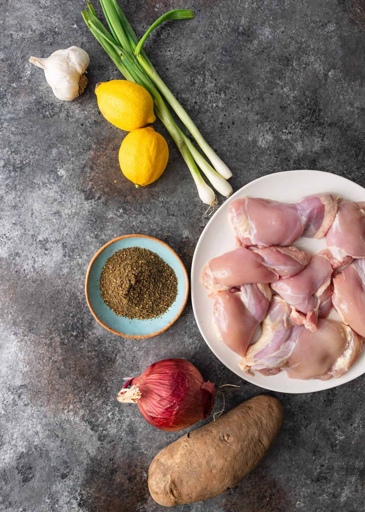 overhead: ingredients needed for this zaatar chicken recipe