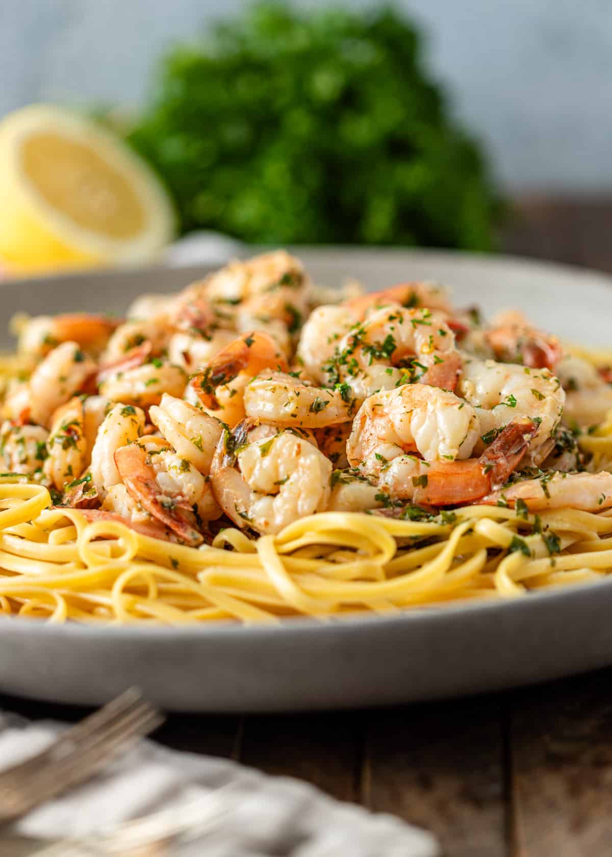 side view: shrimp scampi over linguine with herbs showing