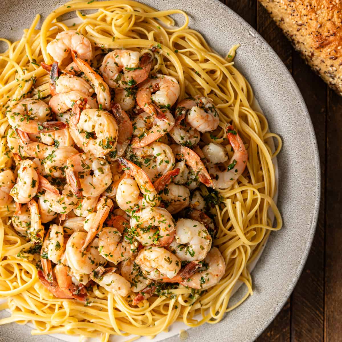 overhead: a heaping plate of shrimp scampi pasta