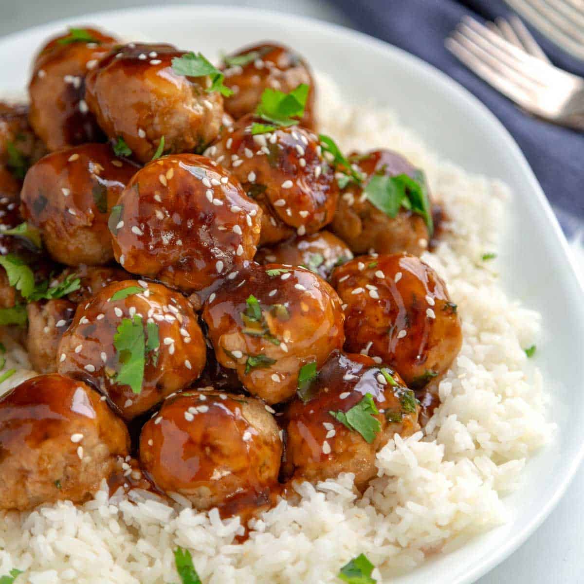 closeup: several teriyaki meatballs on top of a bed of white rice with fresh parsley on top