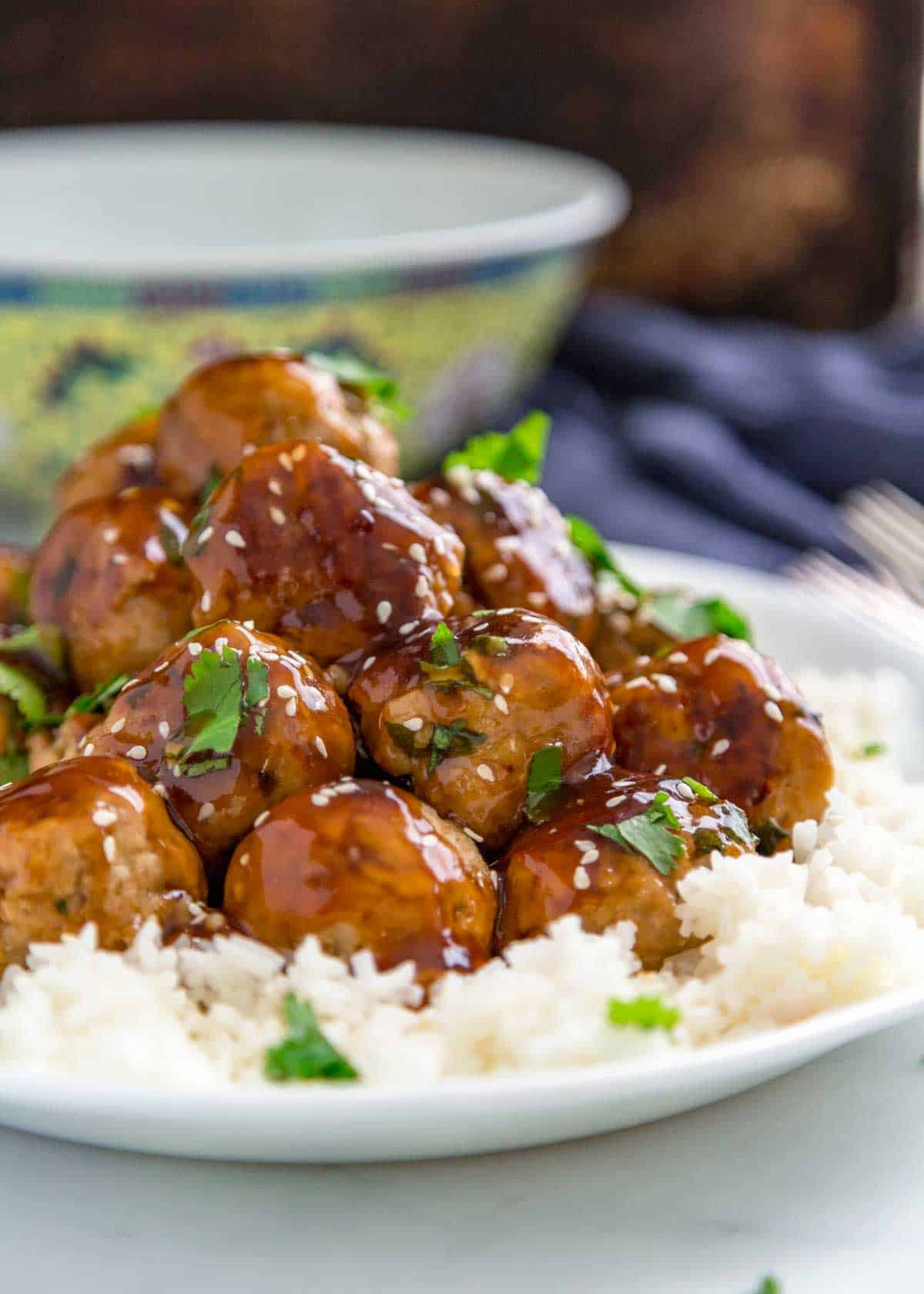 side view: a plate of turkey meatballs with white rice