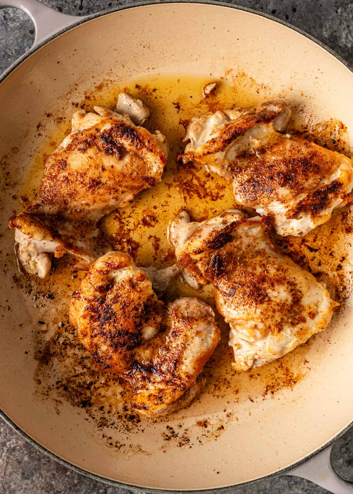 overhead: browned chicken thighs