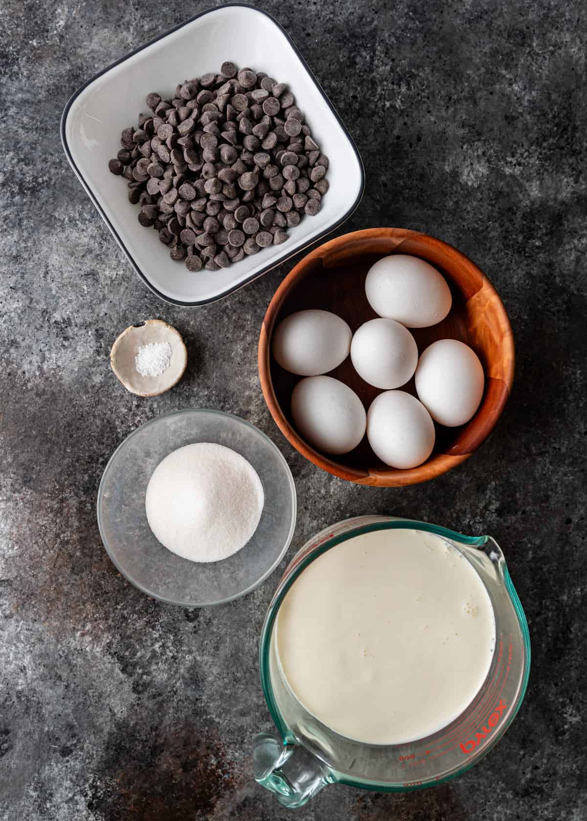overhead: ingredients needed for chocolate pots de creme