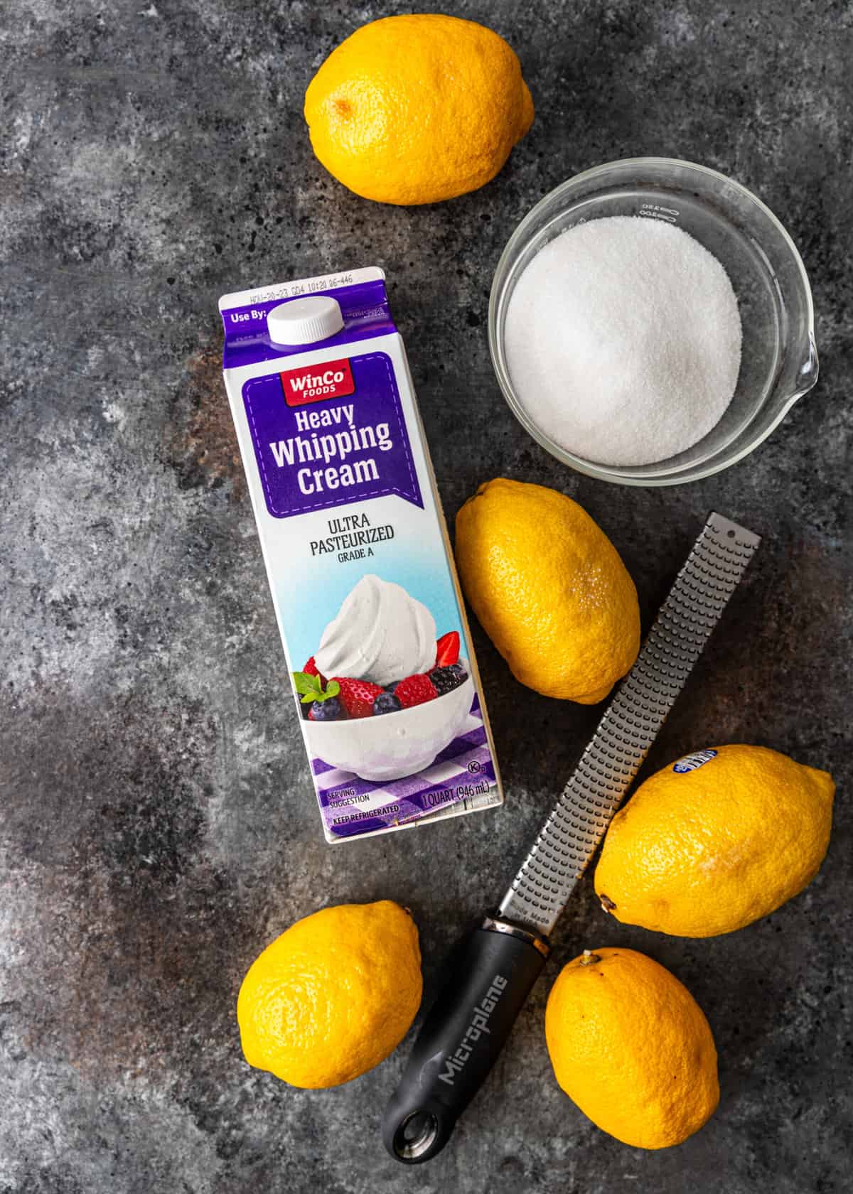 overhead: ingredients needed for my lemon posset recipe