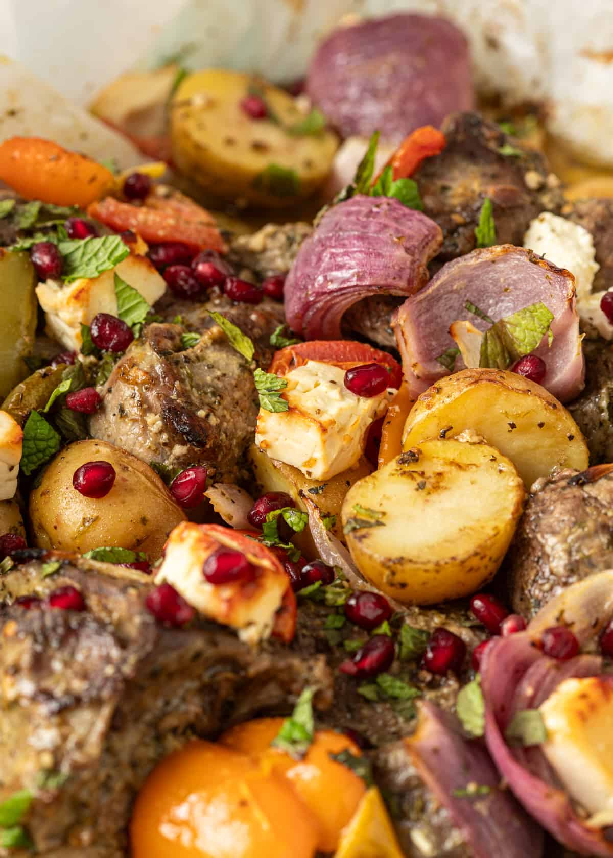 closeup: Greek lamb roasted with vegetables and pomegrante seeds on top