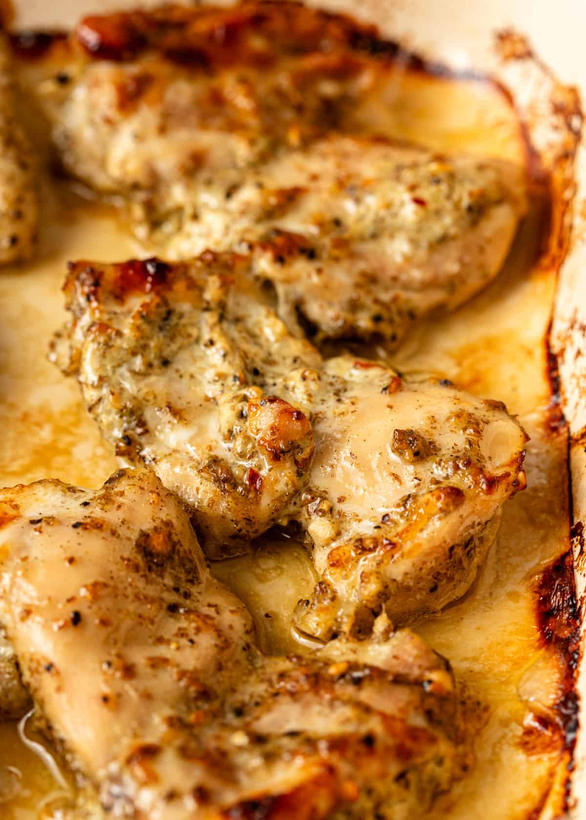 closeup: yogurt chicken in a pan with sauce and zaatar spices