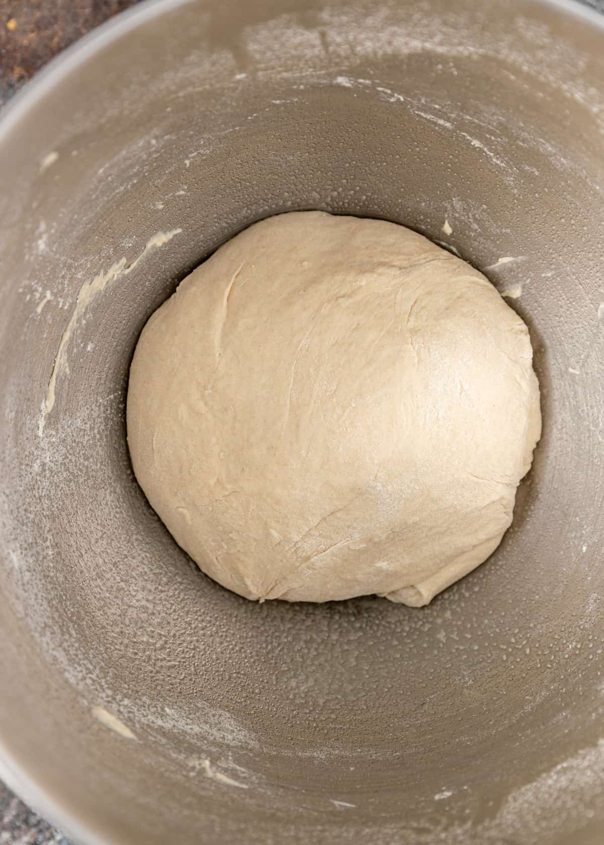 overhead process shot: mixed dough in a bowl